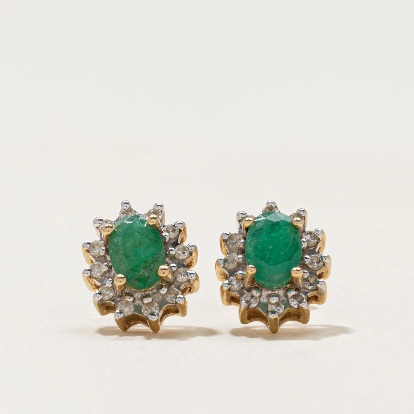 Structured Accent 10k Emerald & Diamond Petal Stud Earrings | 0.80ctw, 0.10ctw