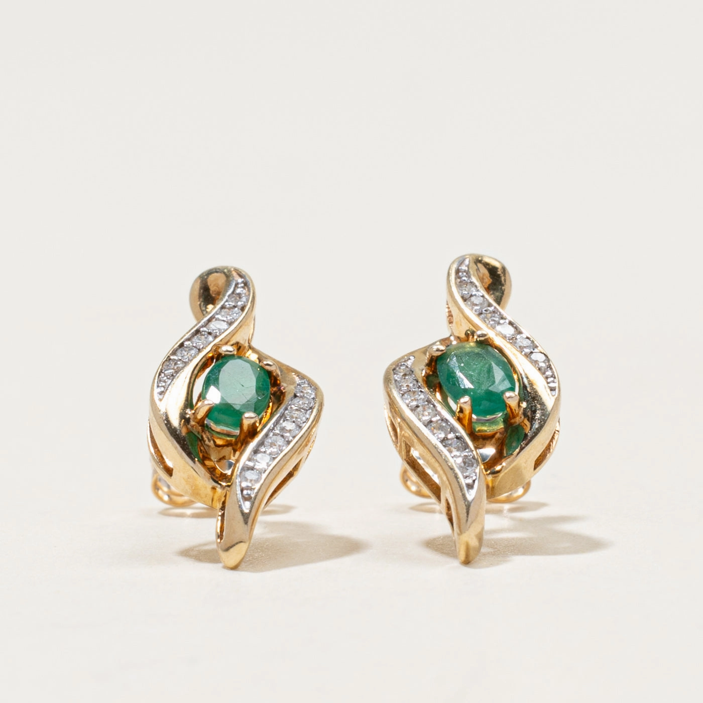 10k Emerald & Diamond Waterfall Stud Earrings | 0.32ctw,  0.10ctw Sleek Feature