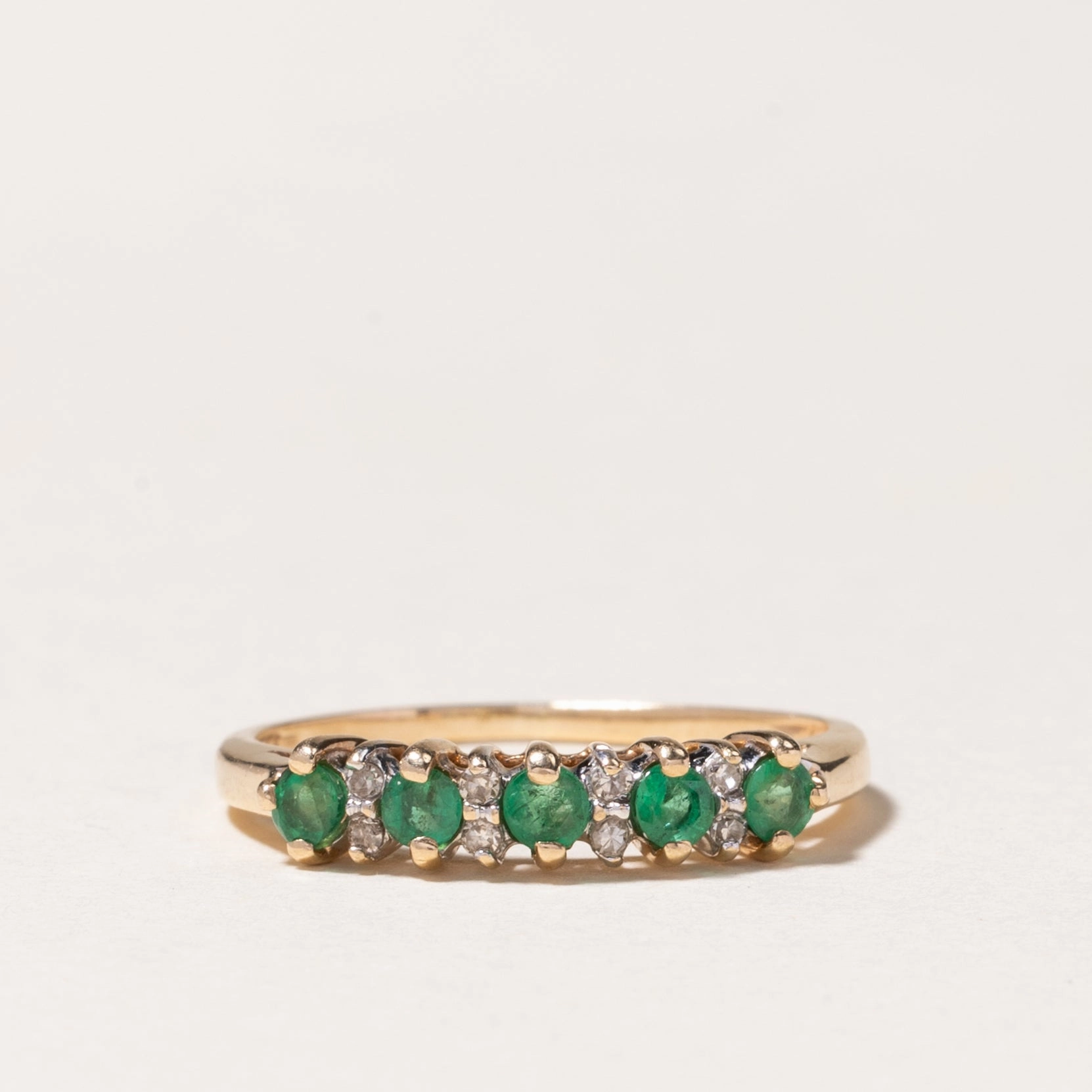 10k Five Stone Emerald & Diamond Ring | 0.175ctw, 0.042ctw | SZ 5.5 Romantic Look Vibrant Gifts