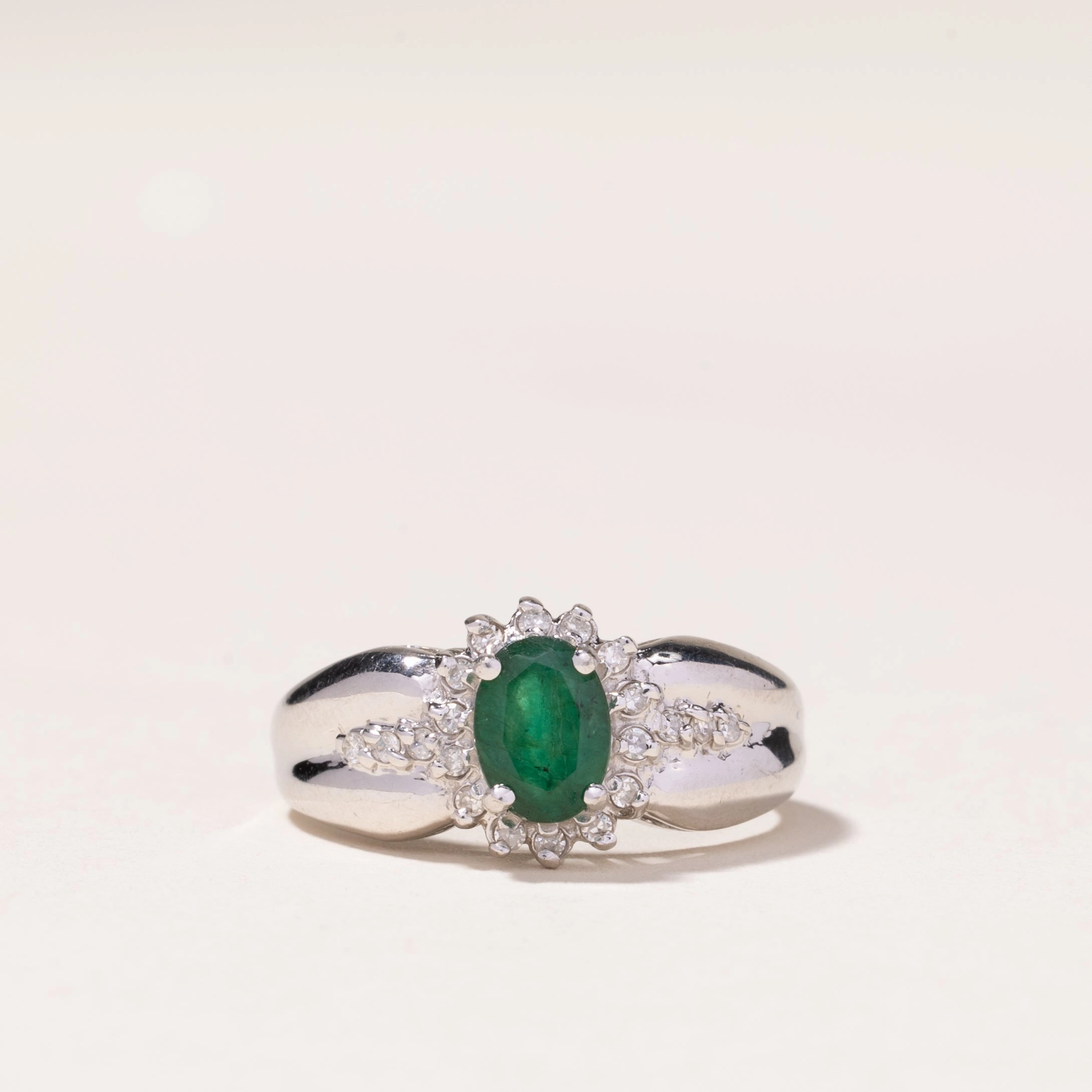 Polished Spark Vibrant Accent 10k White Gold Emerald & Diamond Ring | 0.67ct, 0.16ctw | SZ 6.75