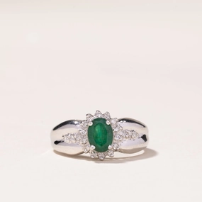 Polished Spark Vibrant Accent 10k White Gold Emerald & Diamond Ring | 0.67ct, 0.16ctw | SZ 6.75