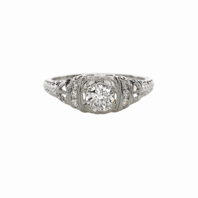 14 Karat White Gold Engraved Antique Engagement Ring (.59cttw) Mood Match