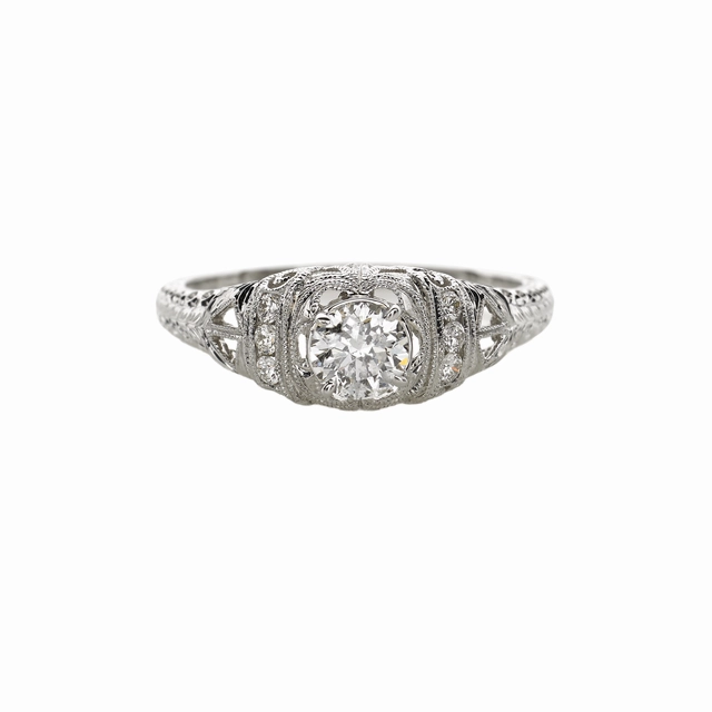 14 Karat White Gold Engraved Antique Engagement Ring (.59cttw) Mood Match