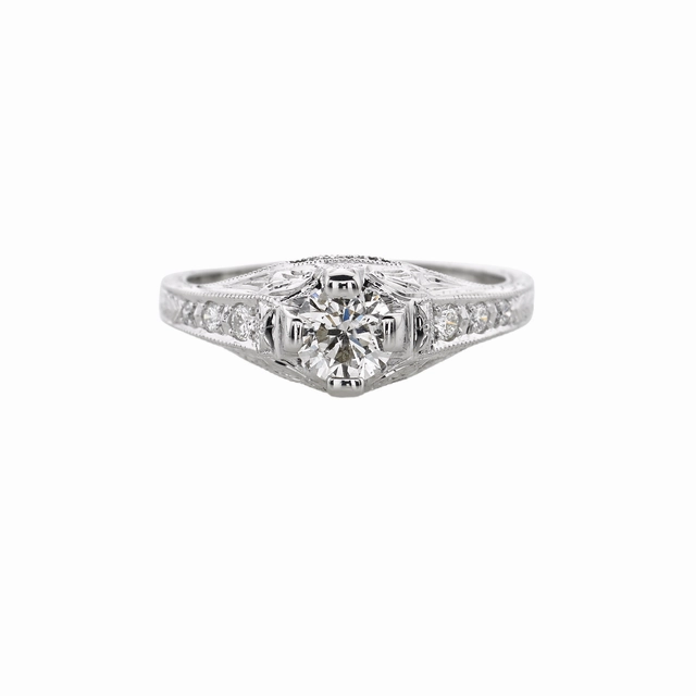 14 Karat White Gold Engraved Engagement Ring (0.76cttw) Graceful Aesthetic Durable Embellishment