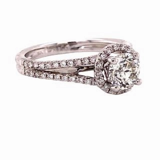 14 Karat White Gold Halo Split Shank Engagement Ring (0.94cttw) Symmetrical design Polished Contour