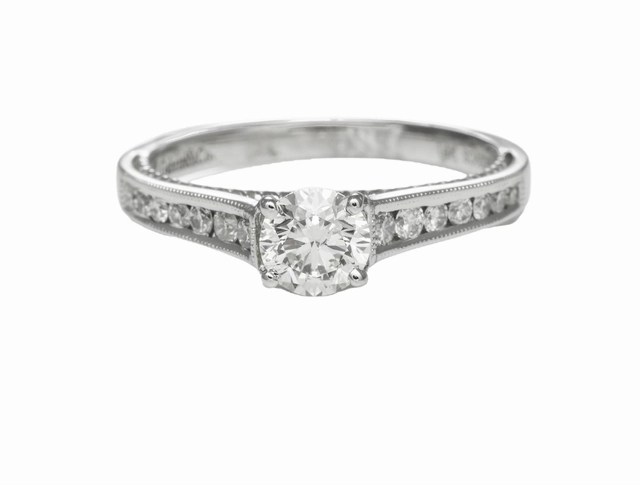 14 Karat White Gold Milgrain Solitaire Engagement Ring (.84cttw) Branded Piece Traditional Look