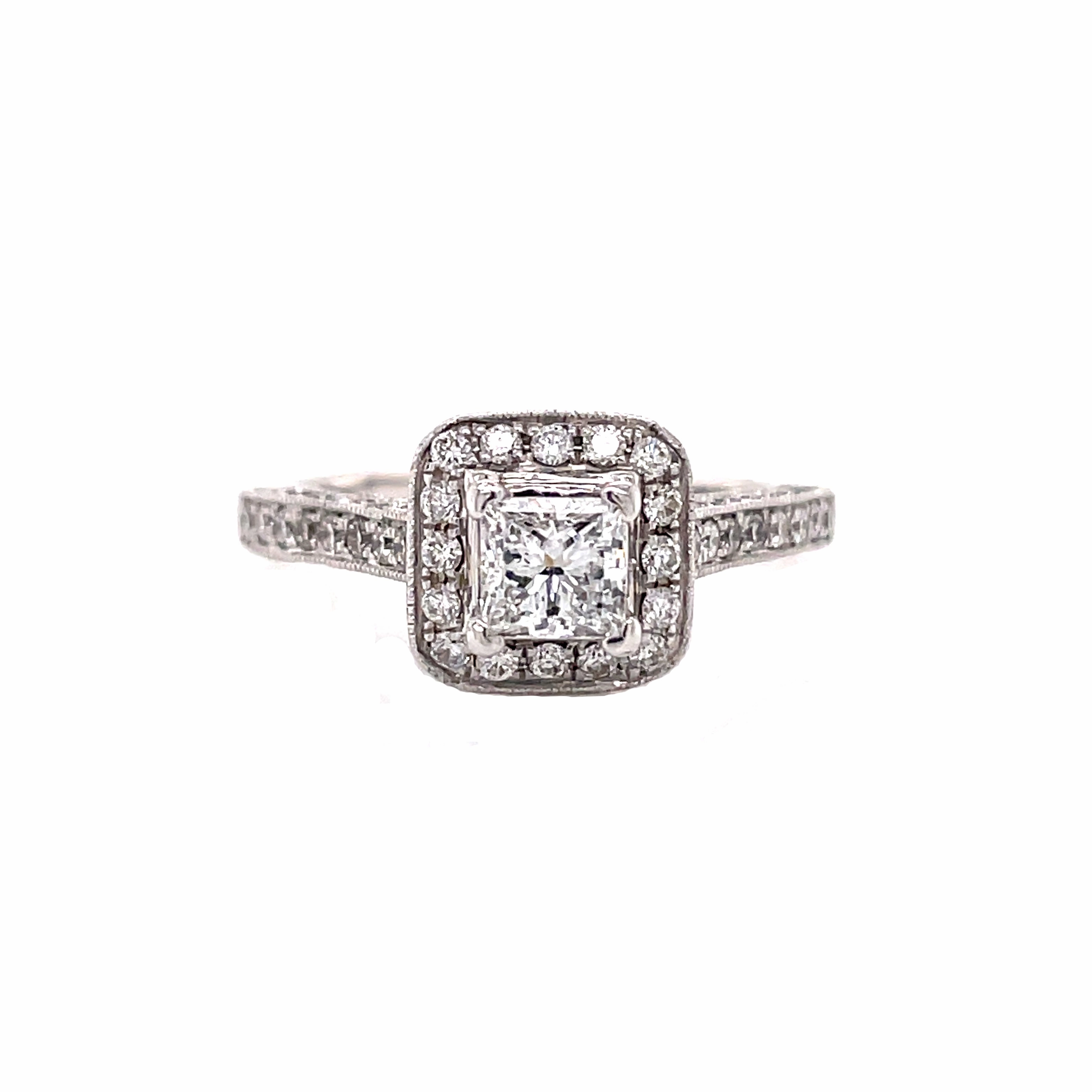 Digital Component 14 Karat White Gold Princess Cute Halo Engagement Ring  (1.07cttw)