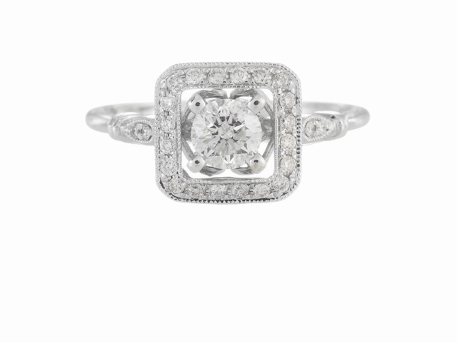 14 Karat White Gold Square Halo Engagement Ring (.88cttw) Petite Gift