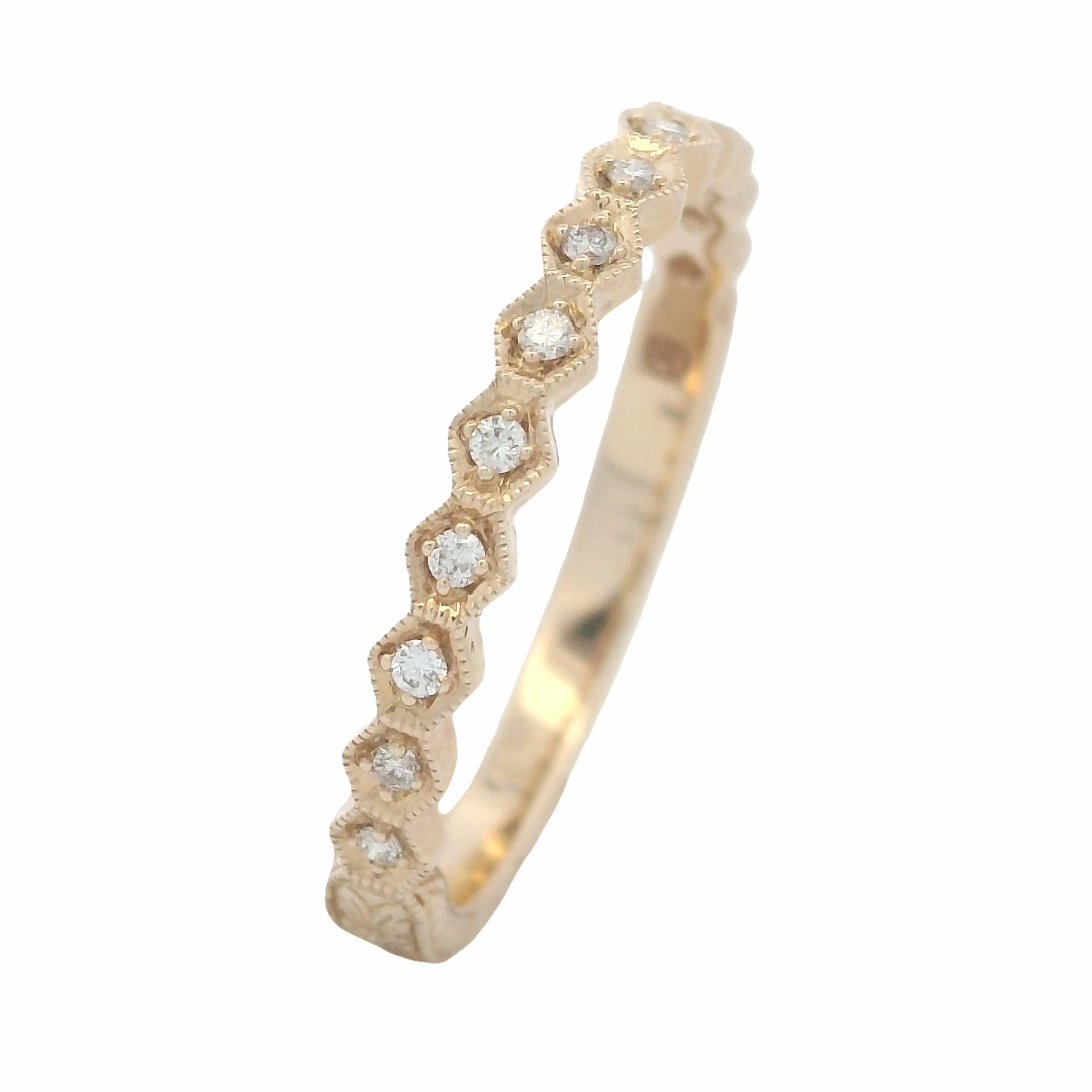 14 Karat Yellow Gold Engraved Diamond Stackable Ring Classic Accent