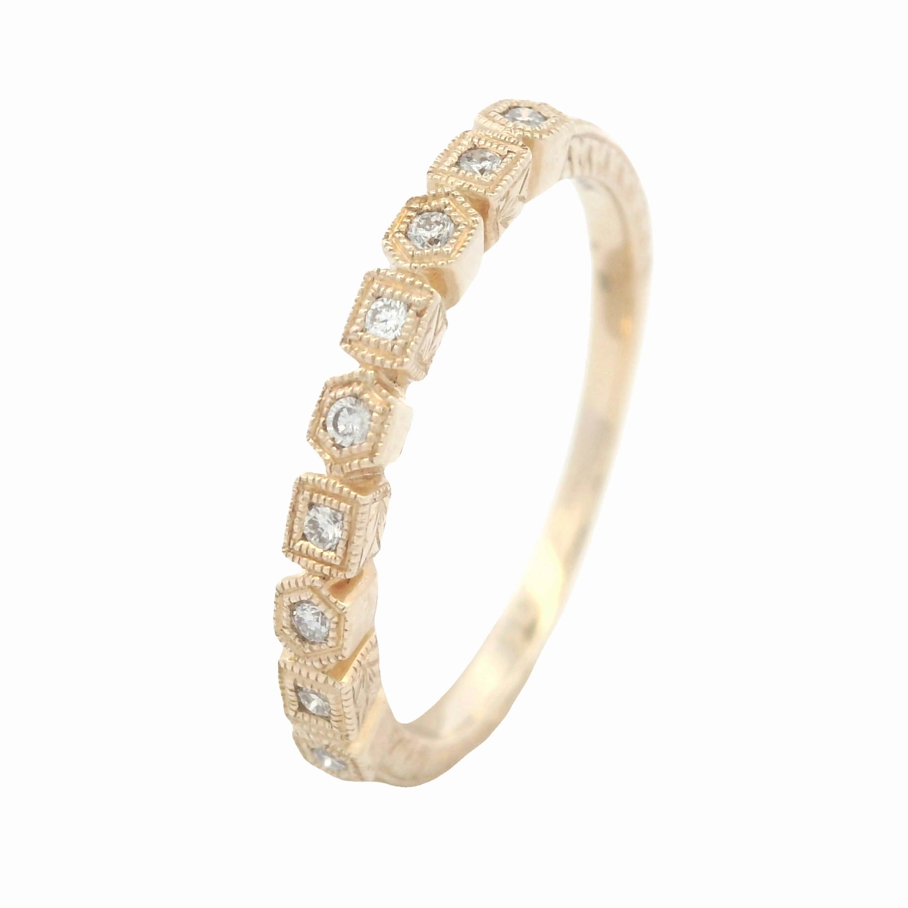 14 Karat Yellow Gold Engraved Diamond Stackable Ring Affordable Adornment