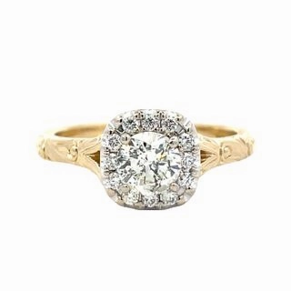 14 Karat Yellow/White Gold Halo Engraved Split Shank Diamond Engagement Ring (.75cttw) Elegant Detail Chic Statement