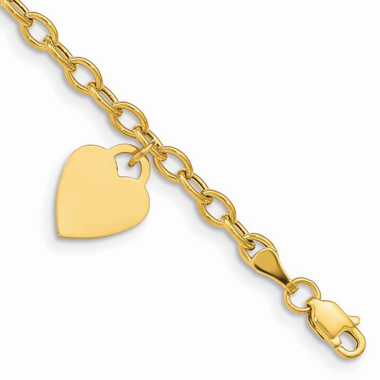 14K Engravable 14x10mm Solid Dangle Heart Charm and Hollow Chain 7.5 inch Bracelet Quick Satisfaction