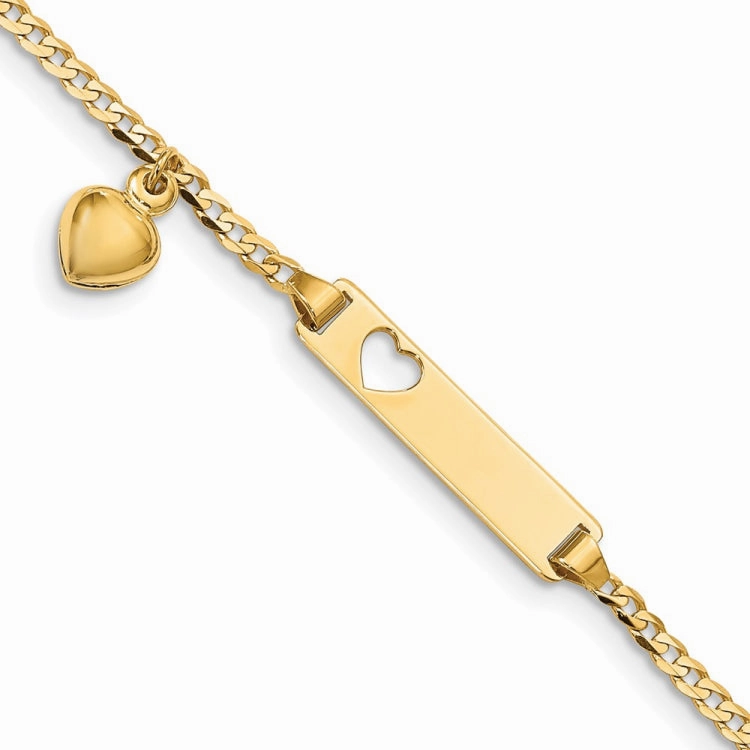 Present-Day View Personal Fit 14k Polished Solid Chain/Solid Plate Cut-out Heart with Heart Dangle Curb Link 21x5mm Plate 6 inch Baby/Child ID Bracelet