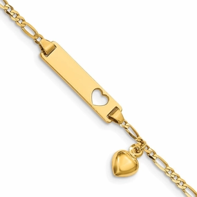 14k Polished Solid Chain/Solid Plate Cut-out Heart with Heart Dangle Figaro Link 21x5mm Plate 6 inch Baby/Child ID Bracelet Upcoming trend Best Of The Best