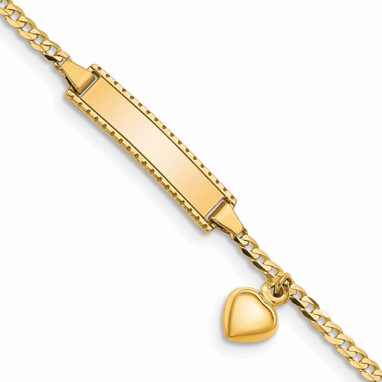 14k Polished Solid Chain/Solid Plate Heart Dangle Curb Link 21x5mm Plate 6 inch Baby/Child ID Bracelet Easy Fusions