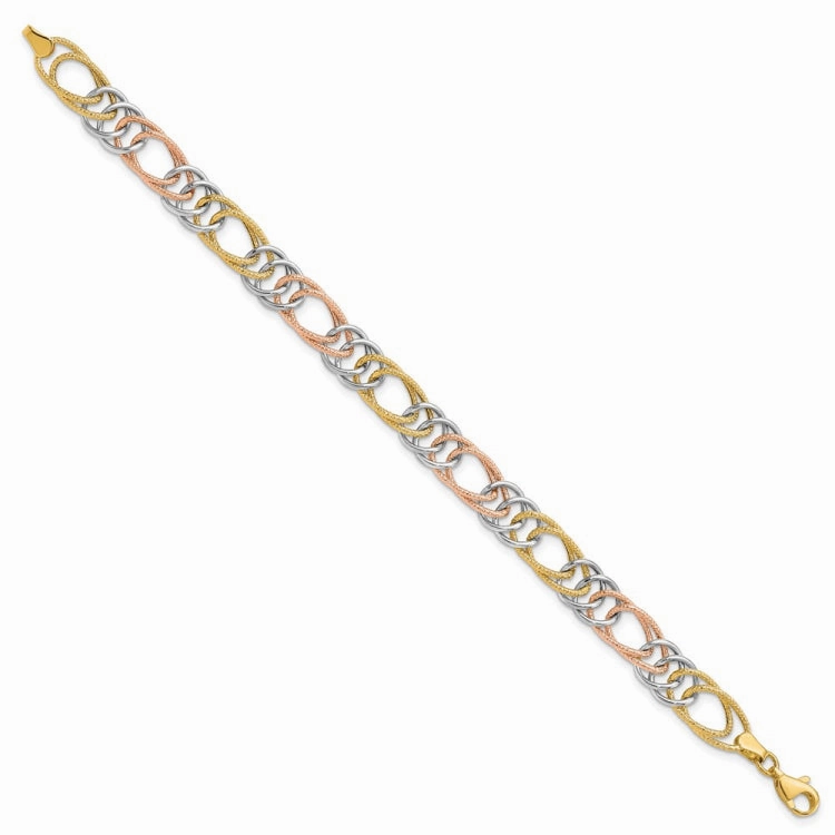 Classic Charm Ideally Valued 14k Tri-color Polished and Textured 8.5mm Fancy Double Link 7.25 inch Bracelet