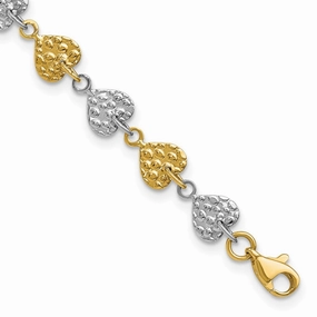 Delightful Detail 14K Two-tone Hammered Hearts 7 inch Bracelet
