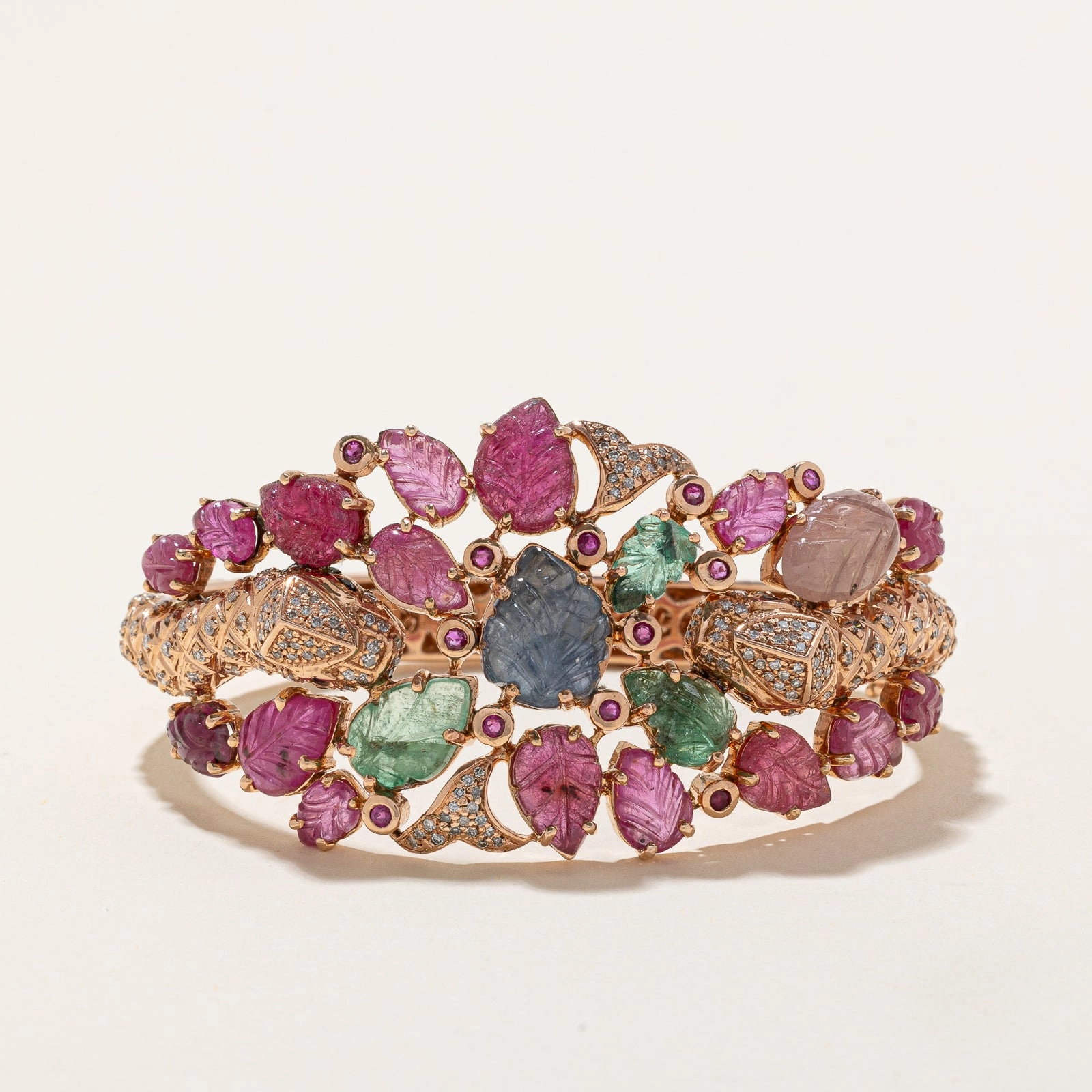 Minimal Finish 14K Vintage Tutti Frutti Snake Bangle Bracelet | 0.85ctw | 34.56ctw | 8"