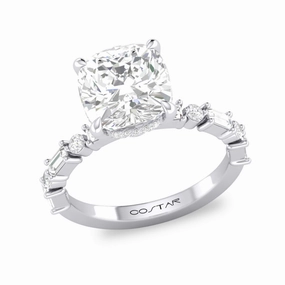 Fantastic Embellishment 14K White Gold 3Ct. Cushion Cut With Baguette and Round Diamonds Engagement Ring
