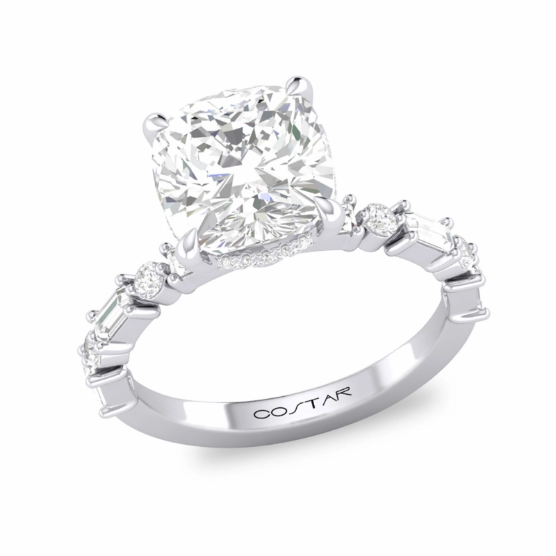 Fantastic Embellishment 14K White Gold 3Ct. Cushion Cut With Baguette and Round Diamonds Engagement Ring