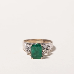 14k White Gold Emerald and Diamond Ring | 1.67ct, 0.17ctw | SZ 7.75 Contemporary Feature Rich Color