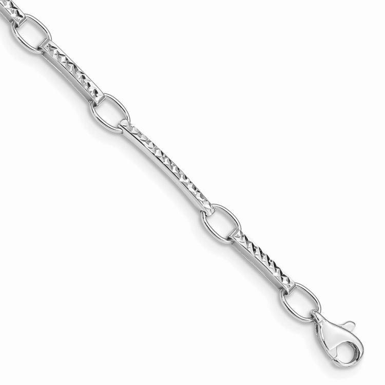 14k White Gold Polished and Textured Oval and Bar Link 7.25 inch Bracelet Curved Silhouettes Lasting Beauty