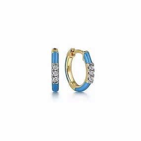 14K Yellow Gold .07cttw Diamond Classic Huggie with Blue Enamel Hypoallergenic product