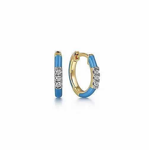 14K Yellow Gold .07cttw Diamond Classic Huggie with Blue Enamel Hypoallergenic product