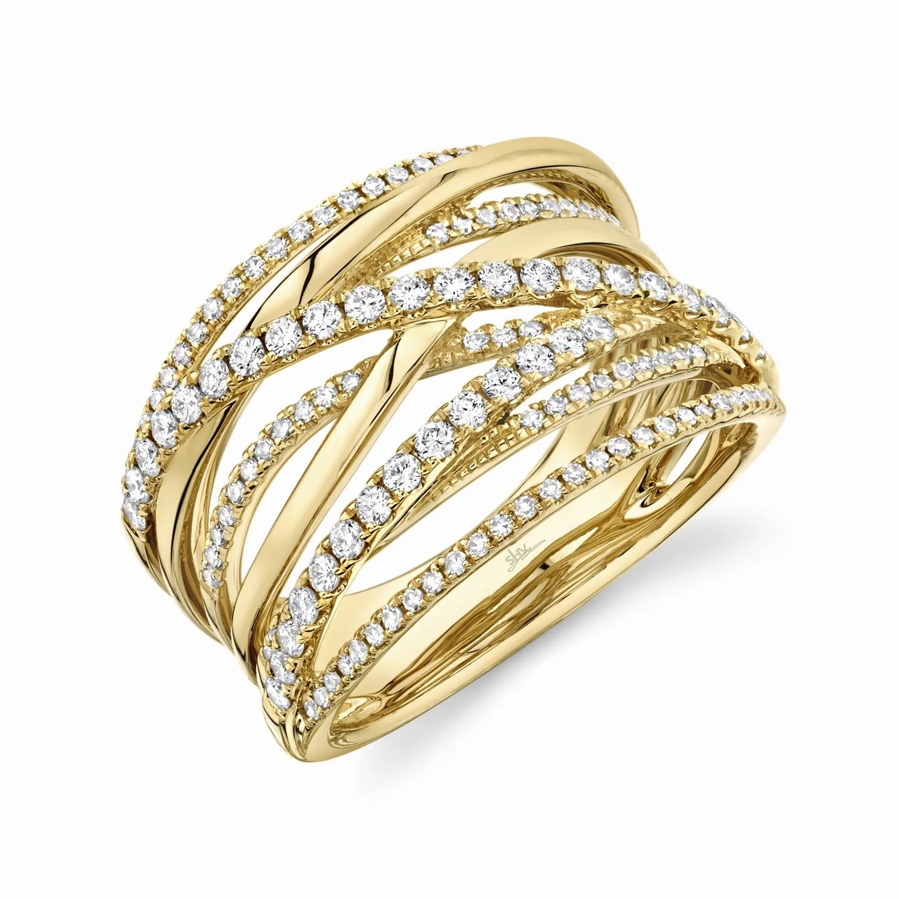 Dainty Glow Lightweight Ornament 14K Yellow Gold 0.62cttw Diamond Crossover Bridge Fashion Ring