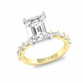 Premium accessory Petite Gift 14K Yellow Gold 3Ct. Emerald and Baguette Diamond Hidden Halo Engagement Ring