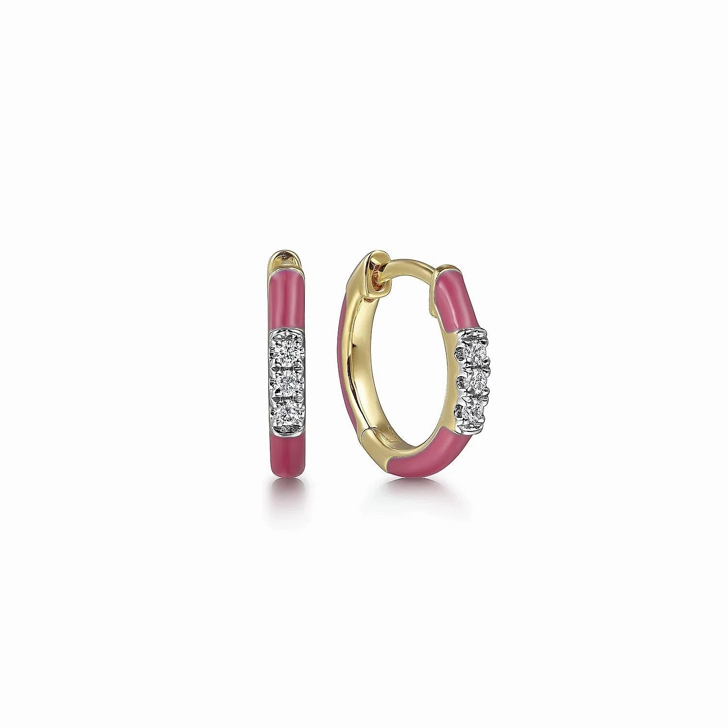 14K Yellow Gold Diamond Classic Huggie with Pink Enamel Lightweight Item Couple Gift
