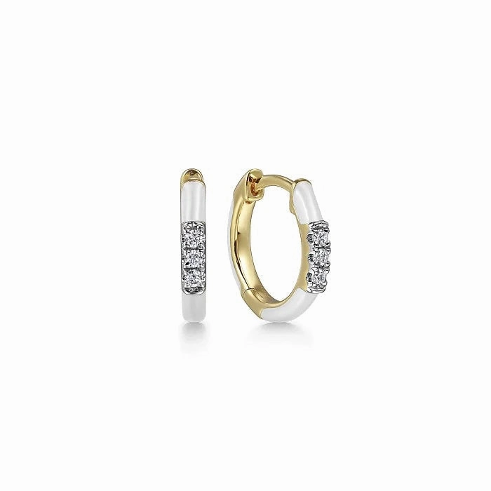 14K Yellow Gold Diamond Classic Huggie with White Enamel for all ages