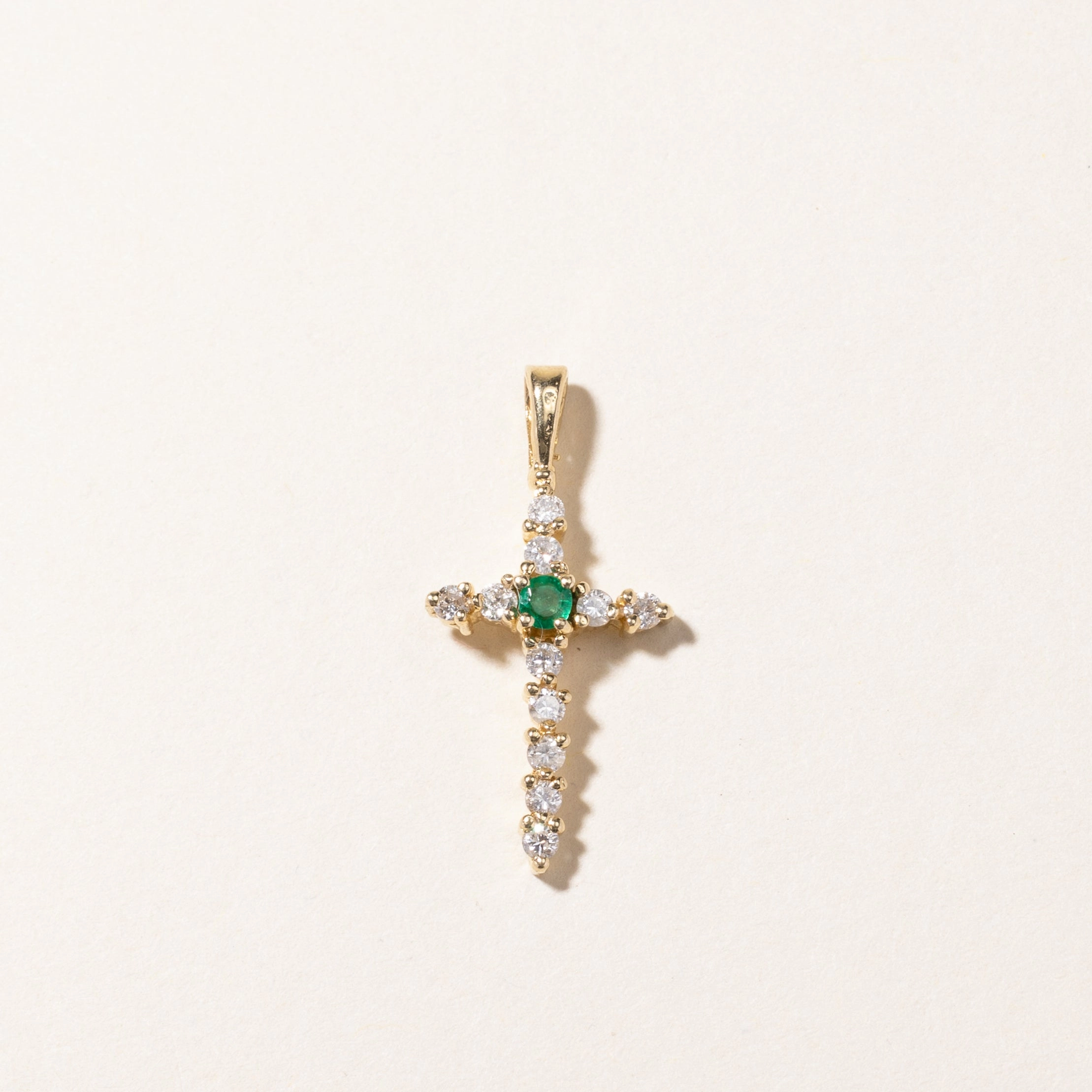 Elegant Feel 14K Yellow Gold Emerald & Diamond Cross Pendant | 0.05ct, 0.22ctw