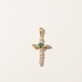 Elegant Feel 14K Yellow Gold Emerald & Diamond Cross Pendant | 0.05ct, 0.22ctw