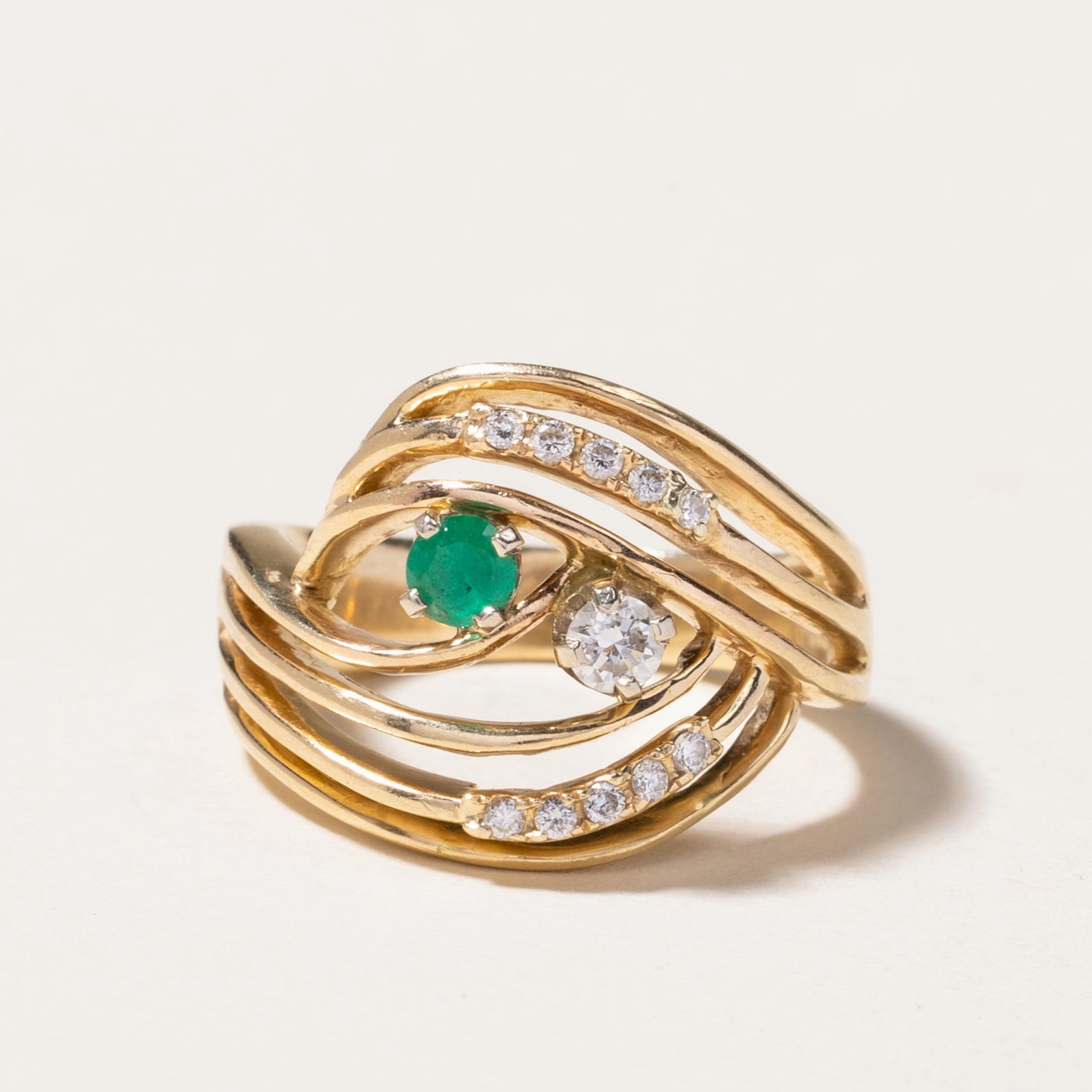 14k Yellow Gold Emerald & Diamond Openwork Ring | 0.12ct, 0.13ctw | SZ 6.5 Allure Touch