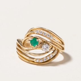 14k Yellow Gold Emerald & Diamond Openwork Ring | 0.12ct, 0.13ctw | SZ 6.5 Allure Touch