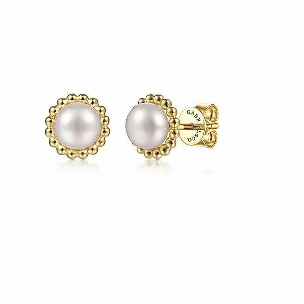 Beautiful Article Creative Design 14K Yellow Gold Fresh Water Bujukan Beaded Halo Pearl Stud Earrings