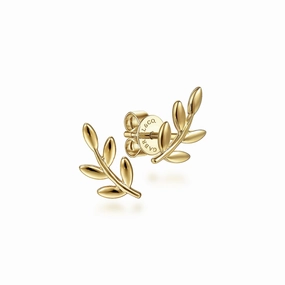 14K Yellow Gold Laurel Branch Stud Earrings Classic Emblem Suburban Trend