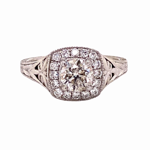 18 Karat White Gold Engraved Halo Engagement Ring (.99cttw) Layer Accent