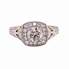 18 Karat White Gold Engraved Halo Engagement Ring (.99cttw) Layer Accent