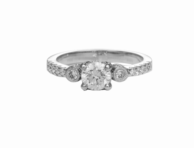 Dreamy Style 18 Karat White Gold Milgrain 3 Stone Engagement Ring (.97cttw)