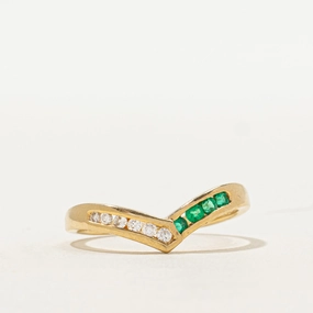 18k Channel Set Emerald & Diamond Chevron Ring | 0.15ctw, 0.10ctw | SZ 7.75 Cool Form