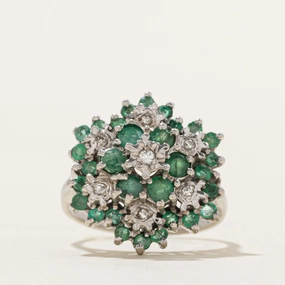 Everyday Fashion Polished Surface 18k Emerald & Diamond Cluster Cocktail Ring | 1.02ctw, 0.06ctw | SZ 6.5