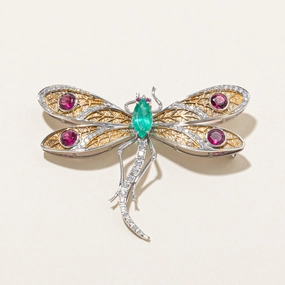Textured Highlight 18k Multi Gemstone Dragonfly Brooch | E 1.25ct | T 1.60ctw | R 0.04ctw | D 0.50ctw