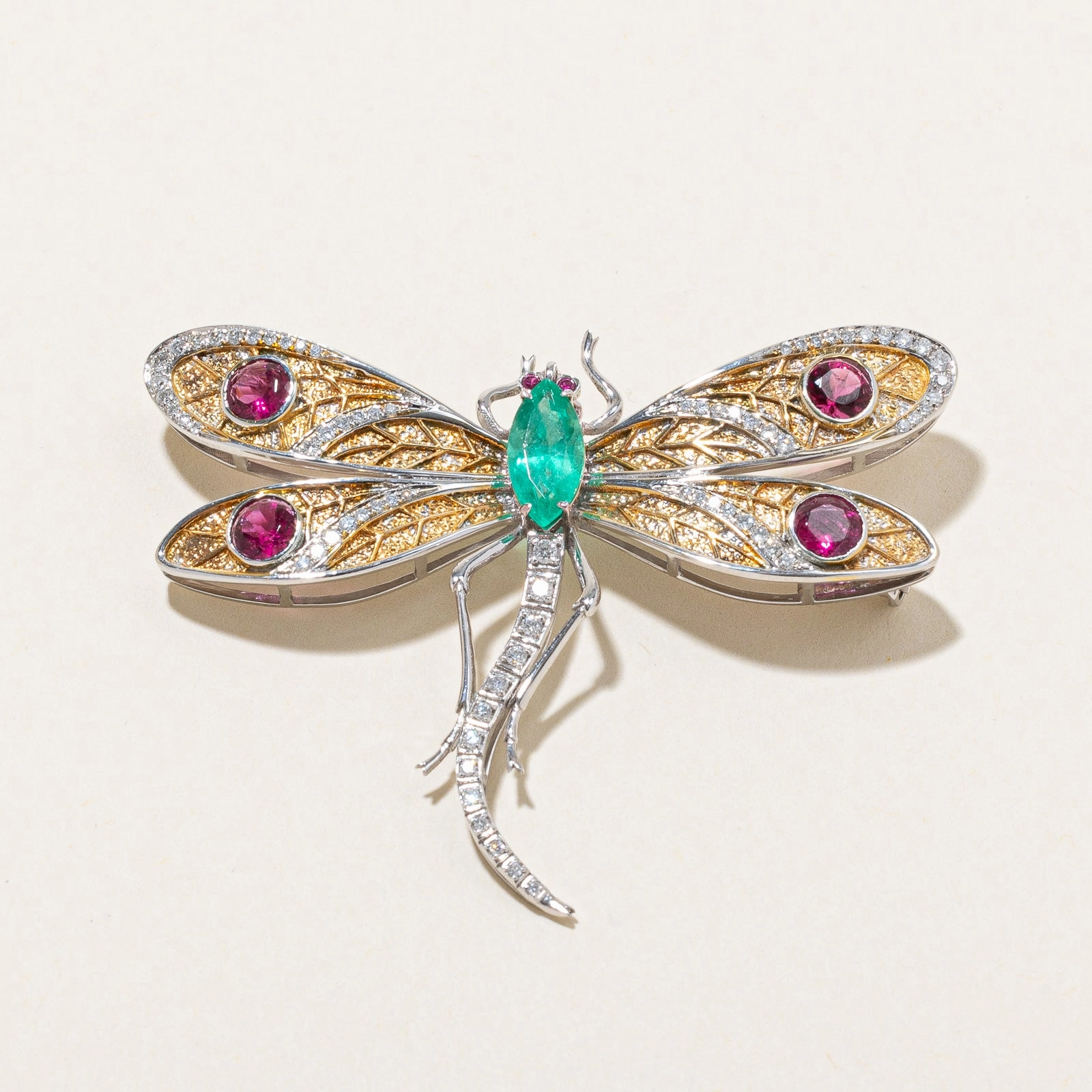 Textured Highlight 18k Multi Gemstone Dragonfly Brooch | E 1.25ct | T 1.60ctw | R 0.04ctw | D 0.50ctw