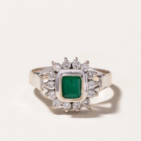 Dazzling Style 18k White Gold Emerald & Diamond Petal Ring | 0.35ct, 0.28ctw | SZ 8.25