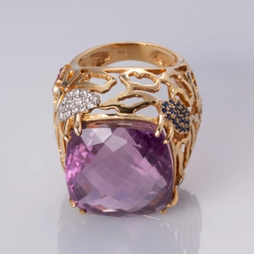 Vivid Edge 18K Yellow Gold Amethyst and Diamond Ring | 30.00 ct, 0.20 ctw | SZ 7 |