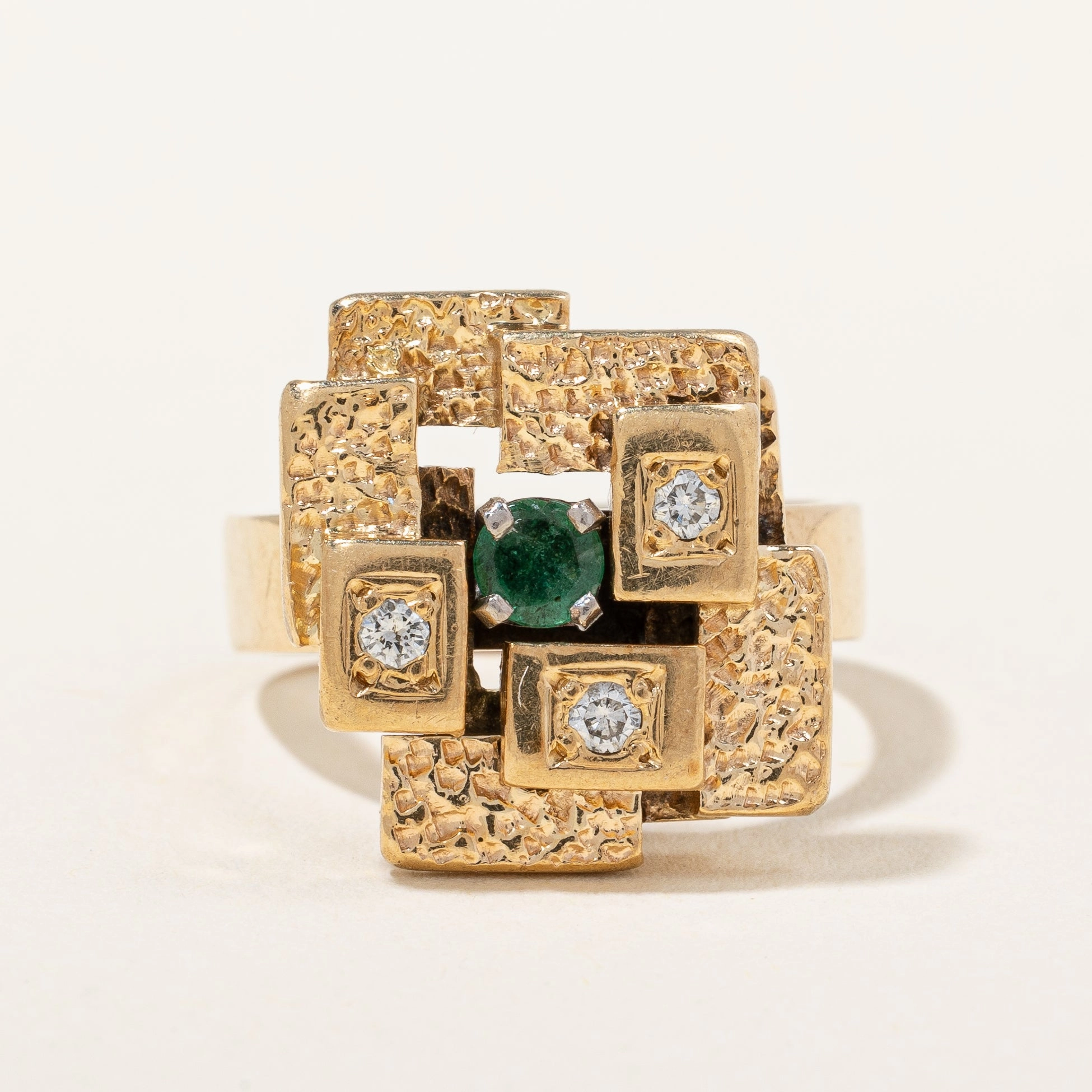 1970s Emerald & Diamond Geometric Cocktail Ring | 0.15ct, 0.09ct | SZ 5.5 Intricate Work
