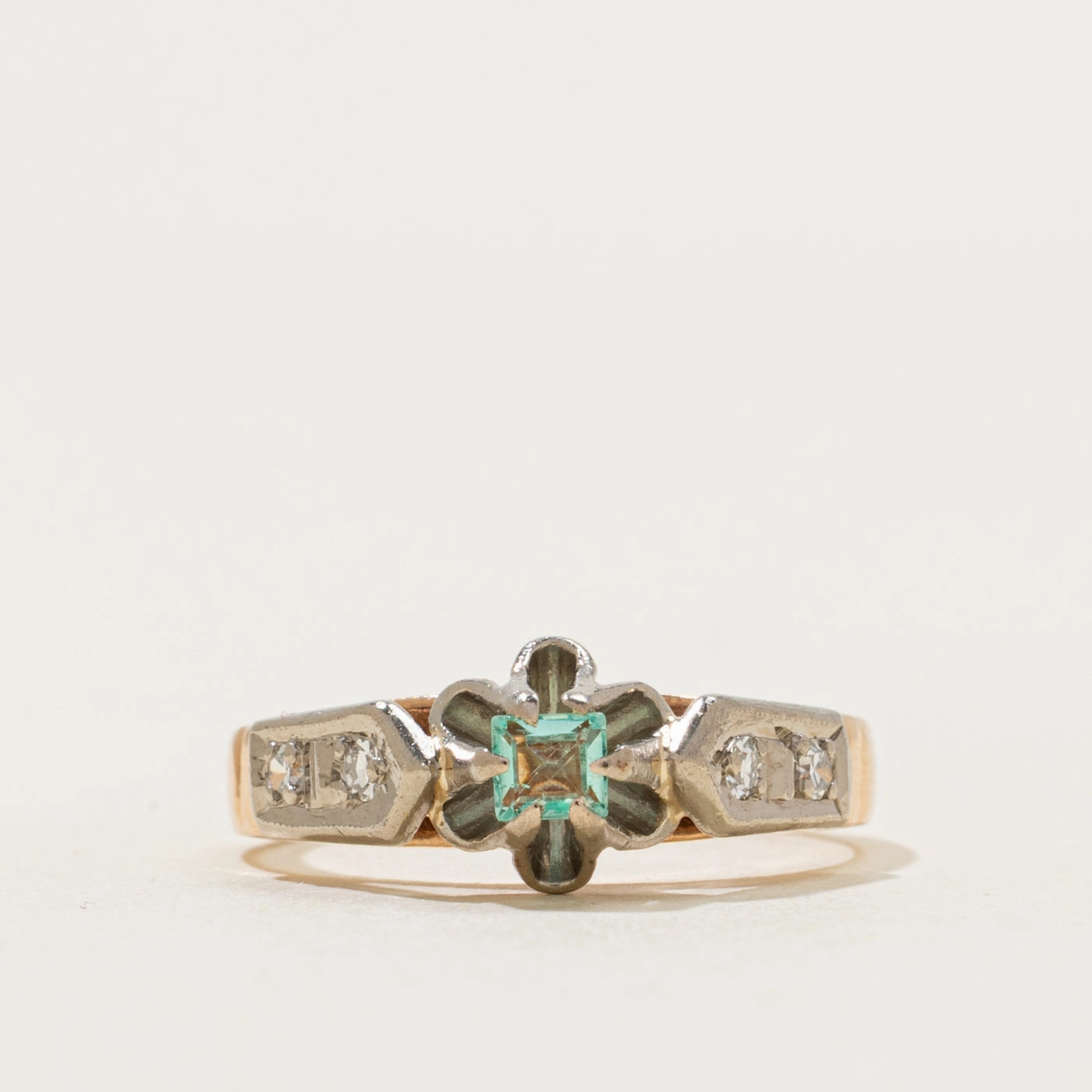 1980 Odessa Two-Tone Belcher Set Emerald & Diamond Ring | 0.11ct, 0.08ctw | SZ 3 Dress Up Time Distinct Accent