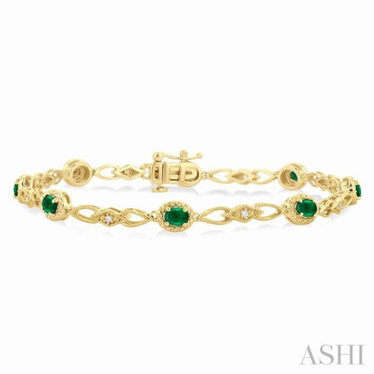 1/20 Ctw Oval Cut 4X3MM Emerald and Round Cut Diamond Precious Fashion Bracelet in 10K Yellow Gold Whole Spectrum Holy Token